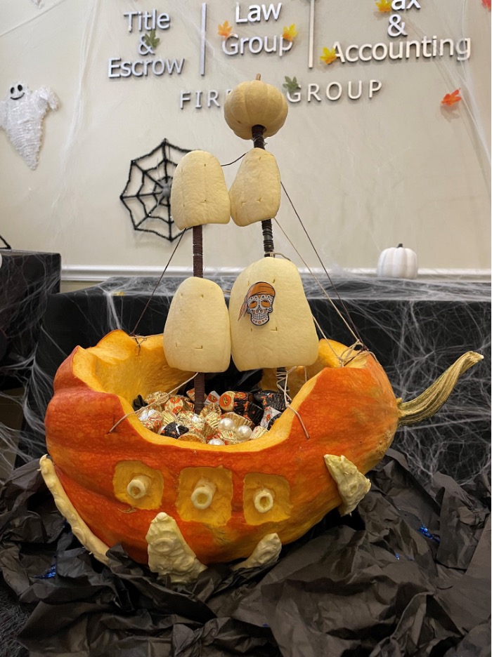 The winning carved pumpkin from Cottrell Title's pumpkin carving contest